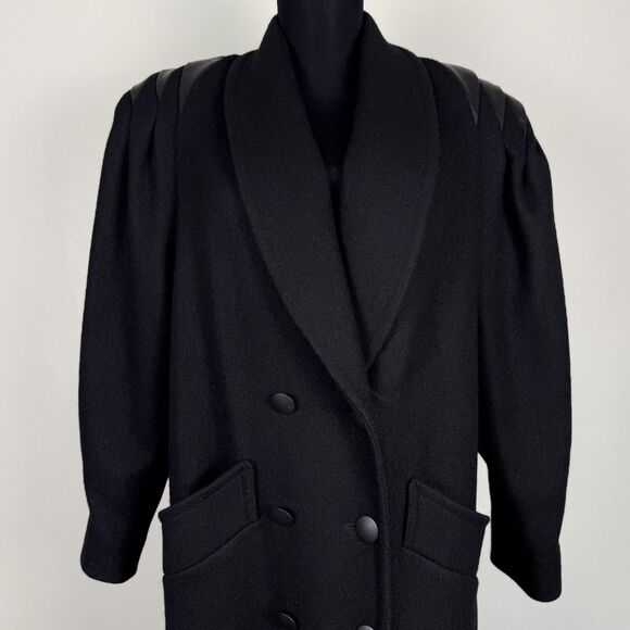 Vintage Jofeld 80s Double Breasted Black Wool & Leather Trench Coat USA ILGWU - Picture 8 of 14